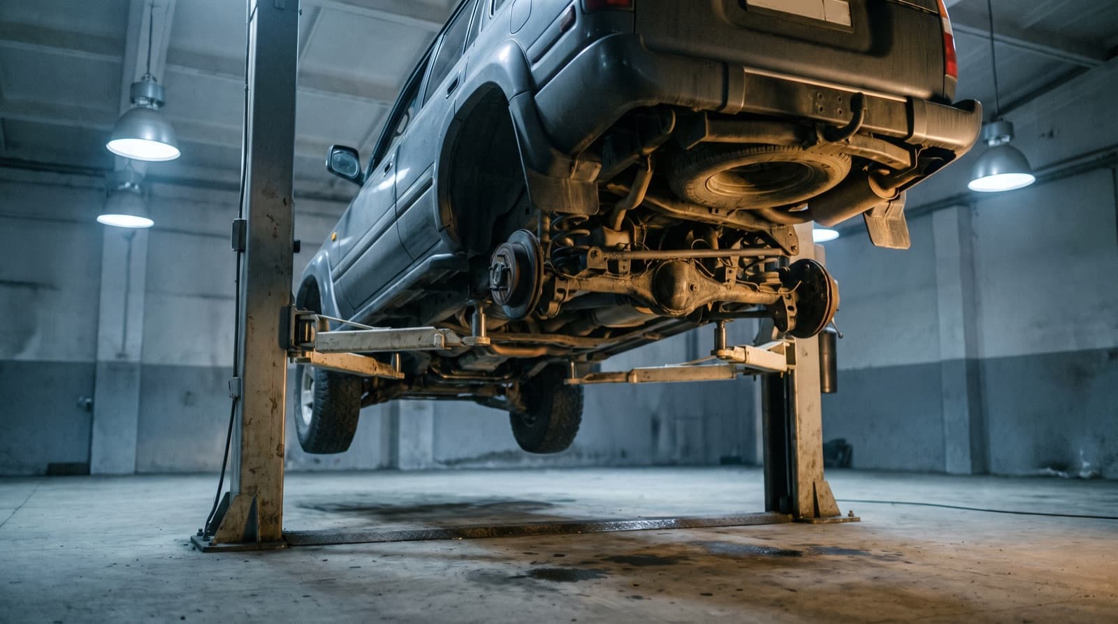 Una SUV levantada en un elevador de dos postes dentro de un taller mecánico