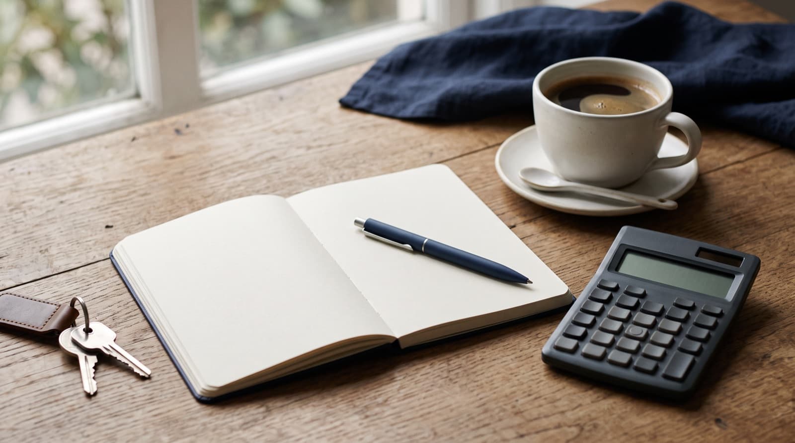 Escritorio de madera con una calculadora, un cuaderno abierto, un lapicero, unas llaves de auto y una taza de café